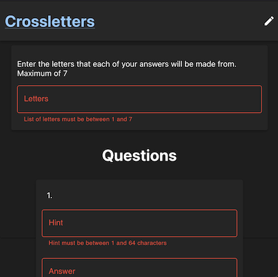 The puzzle editor portion of Crossletters