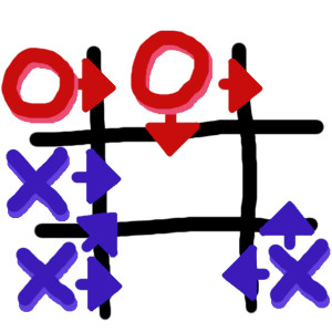 A tic-tac-toe game with arrows indicating each players' points